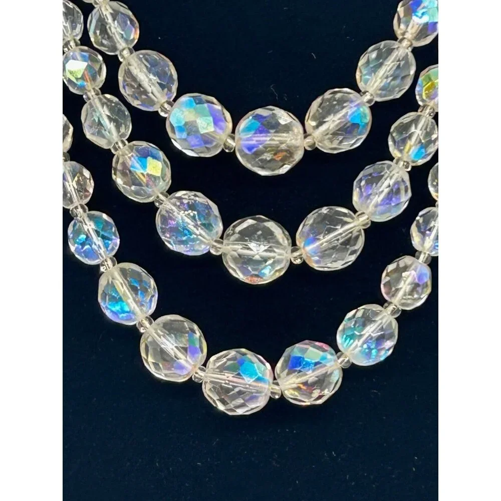 Aurora Borealis Glass Necklace 3 Strand Graduated Length 17 in Silver-tone Clasp - Picture 1 of 5